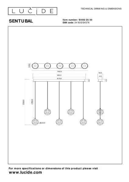 Lucide SENTUBAL - Hanglamp - LED Dimb. - 5x5,3W 2700K - Zwart - technisch